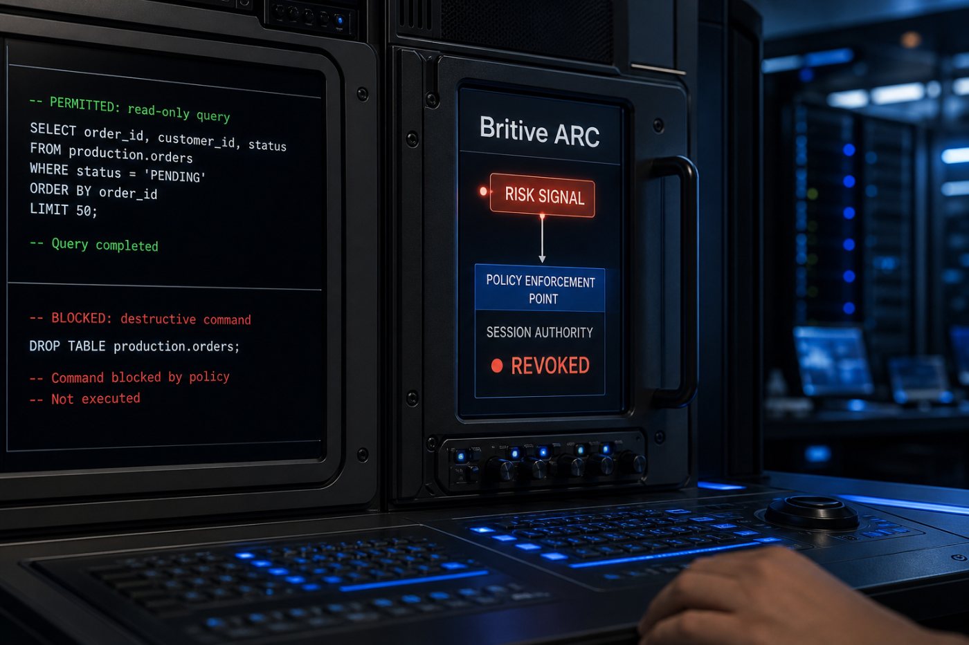 Britive ARC reacts to a live risk signal by blocking a destructive database command and revoking the agent’s active access.