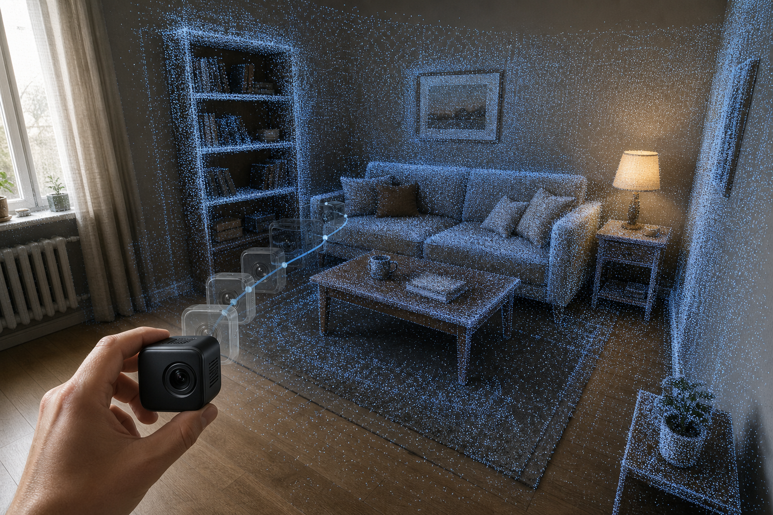 RGB-камера и формирующееся облако точек комнаты во время потоковой реконструкции