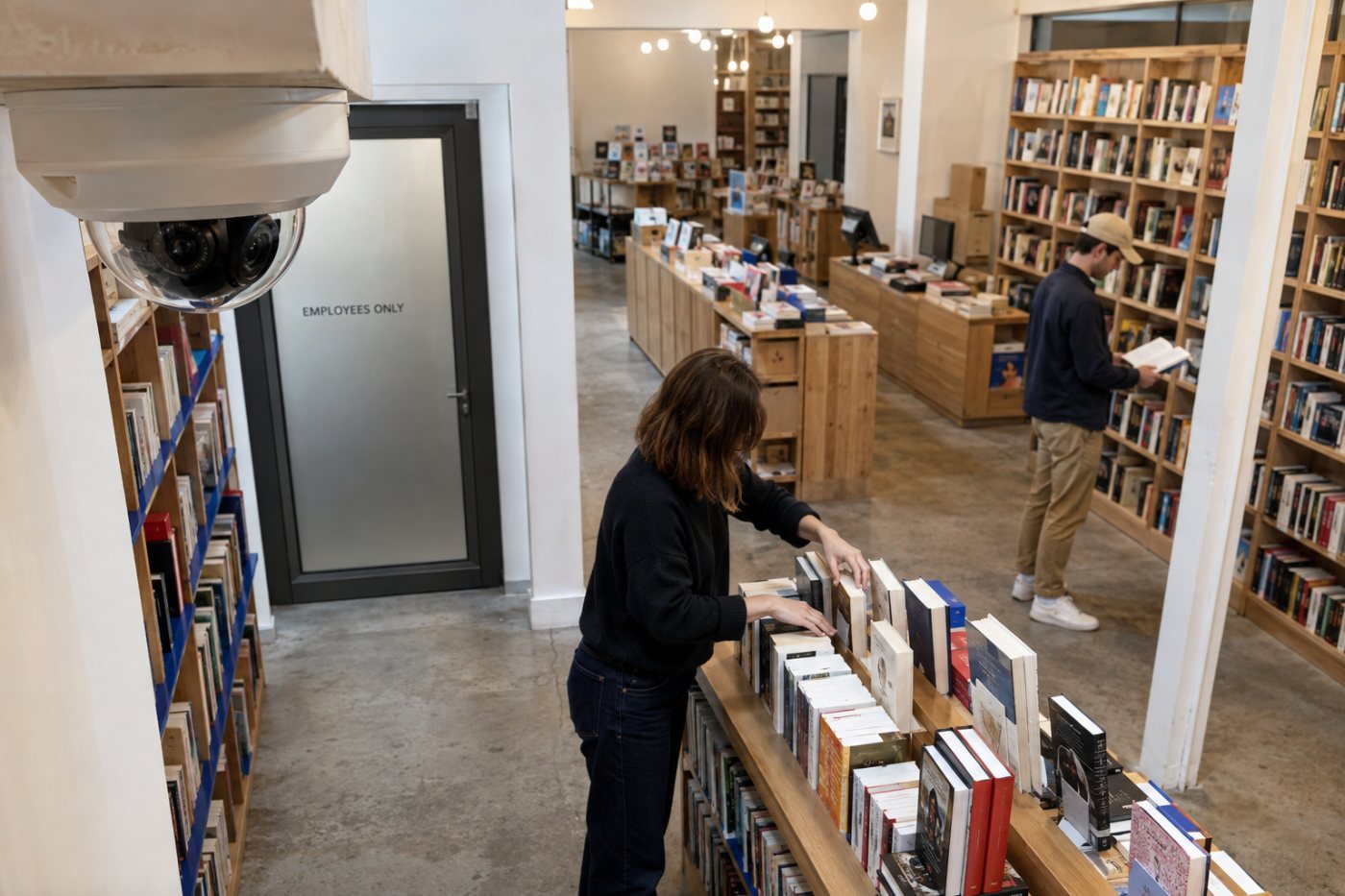 Monitoramento eletrônico da área pública da livraria é separado dos espaços de privacidade dos trabalhadores.