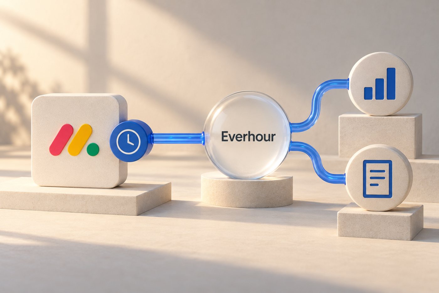 En monday.com-opgave knyttes via Everhour til registreret tid, rapportering og fakturering.
