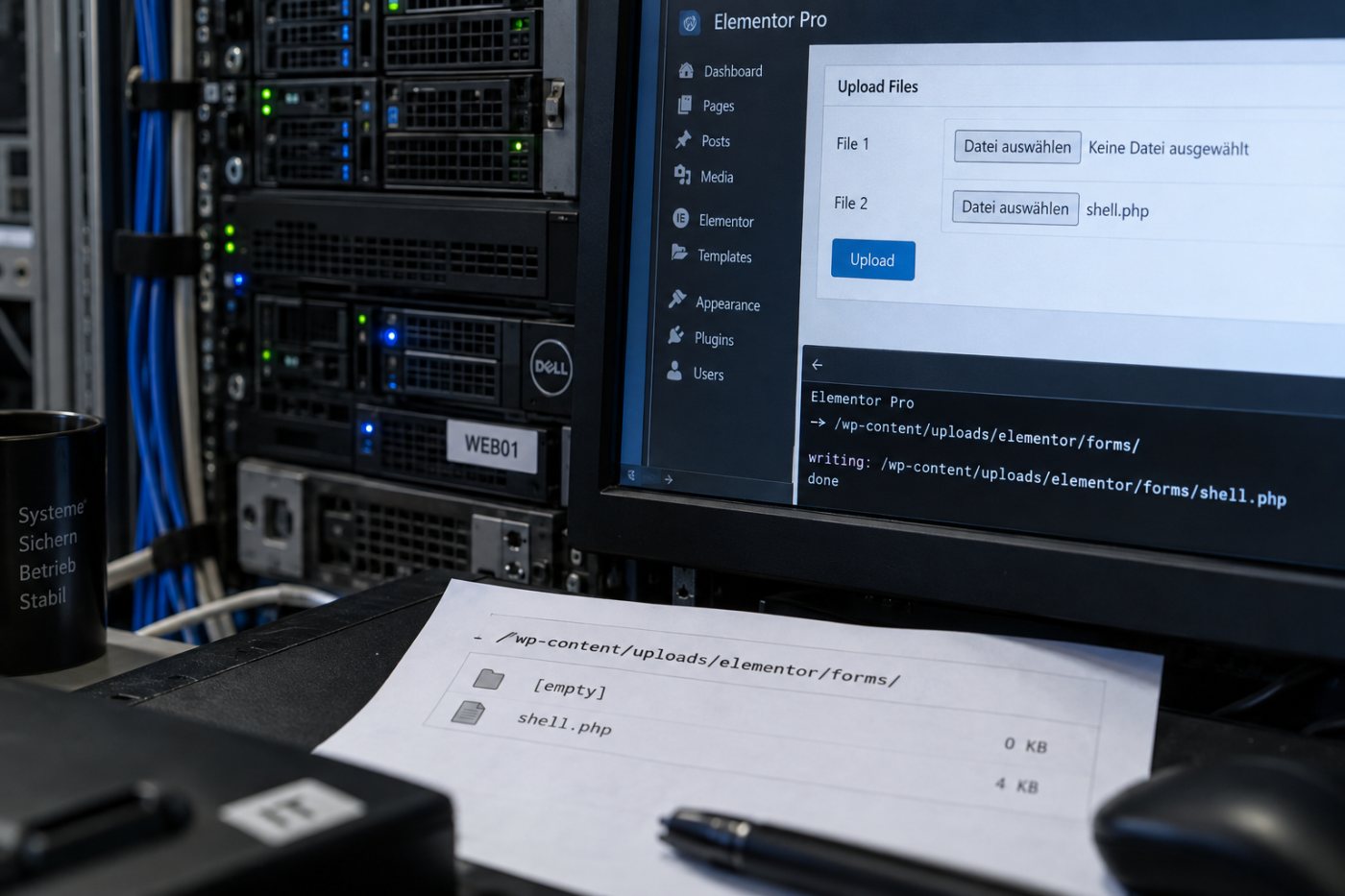 Ein manipuliertes Elementor-Pro-Formular umgeht die Dateiprüfung und legt eine PHP-Datei im Upload-Verzeichnis ab.