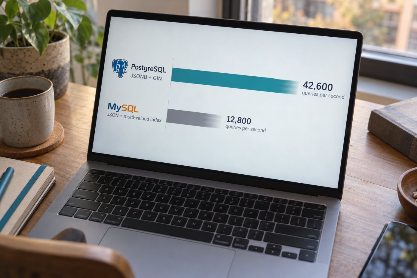 Opublikowany benchmark pokazuje wyższy wynik wyszukiwania indeksowanego dla PostgreSQL JSONB z GIN niż dla MySQL JSON z indeksem wielowartościowym.