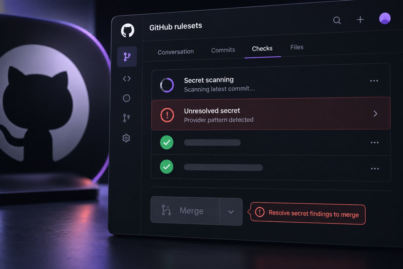 Le scan du commit de tête et une alerte de secret ouverte empêchent la fusion de la pull request.