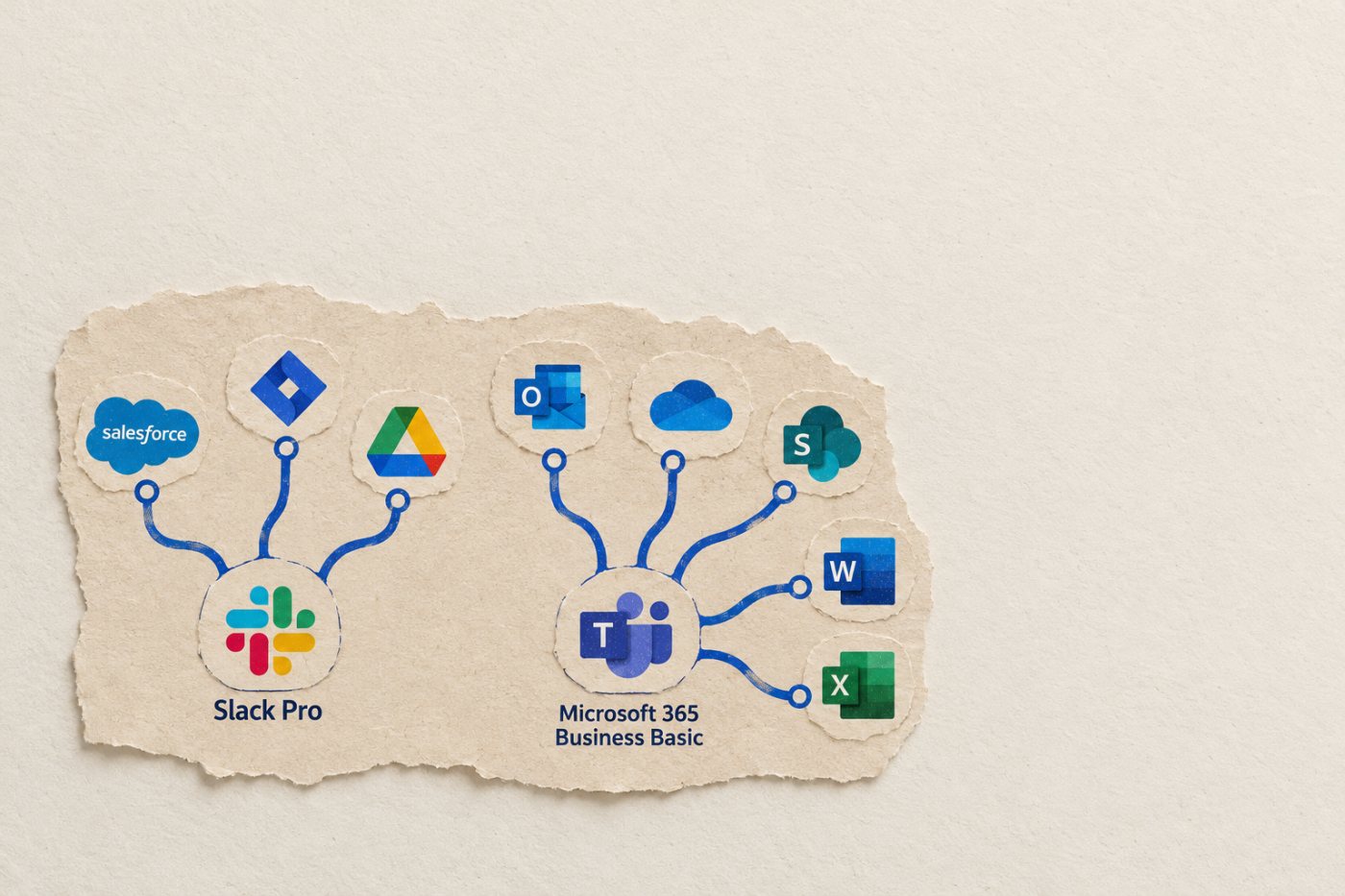 Slack Pro tengist meðal annars Salesforce, Jira og Google Drive; Teams tengist vinnu í Microsoft 365.
