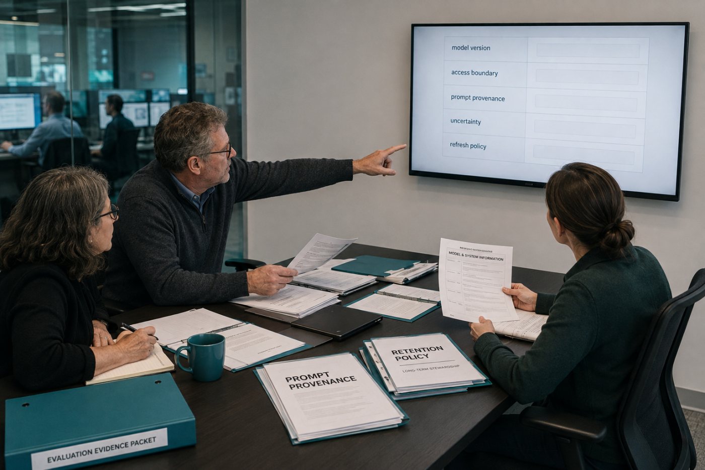Procurement reviewers examine system identity, access boundaries, prompt provenance, uncertainty and benchmark stewardship behind an independent AI score.