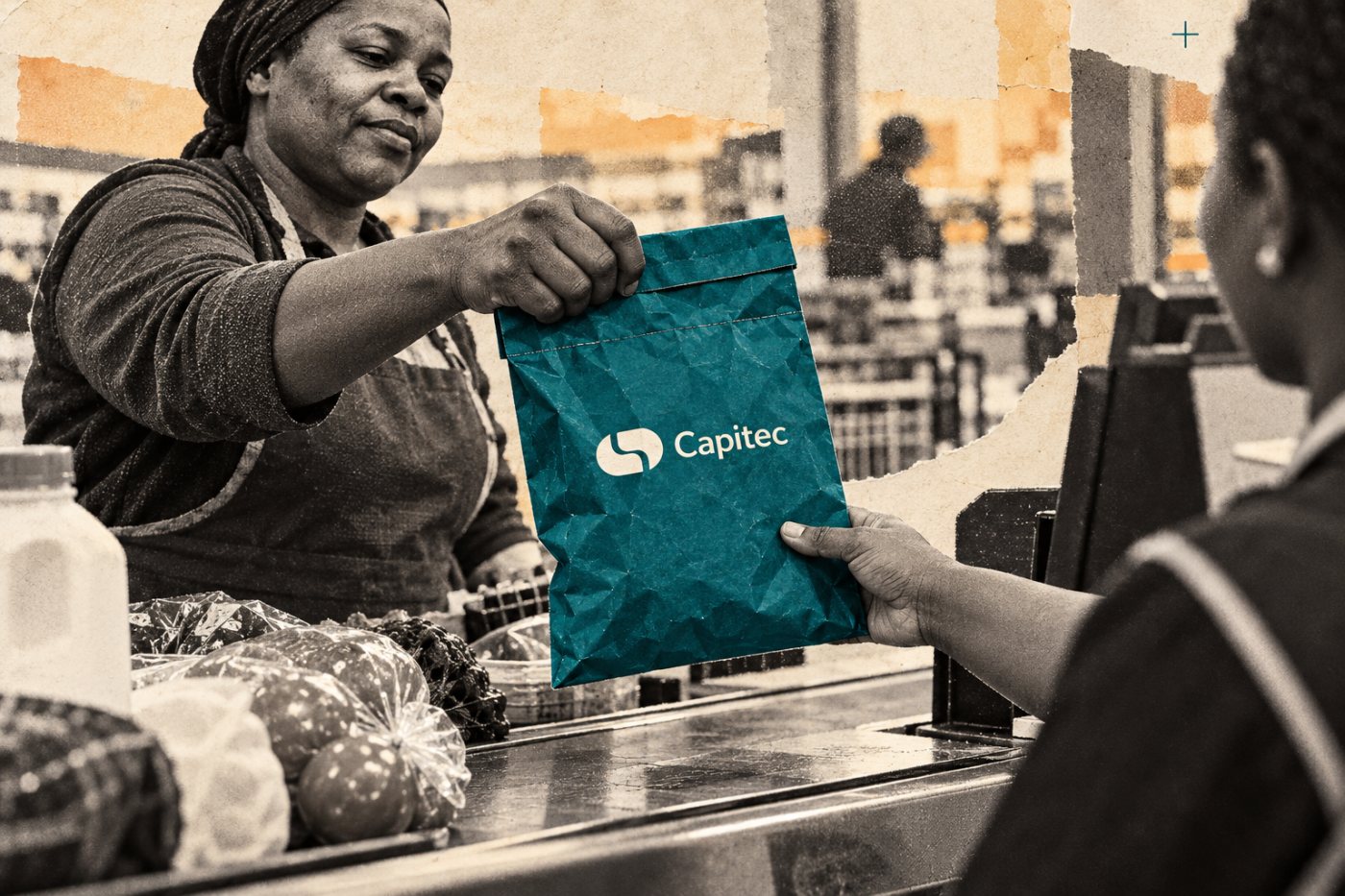 ’n Handelaar deponeer kontant by ’n winkelbetaalpunt; dié Capitec-depositoroete voeg koste per bedrag by.