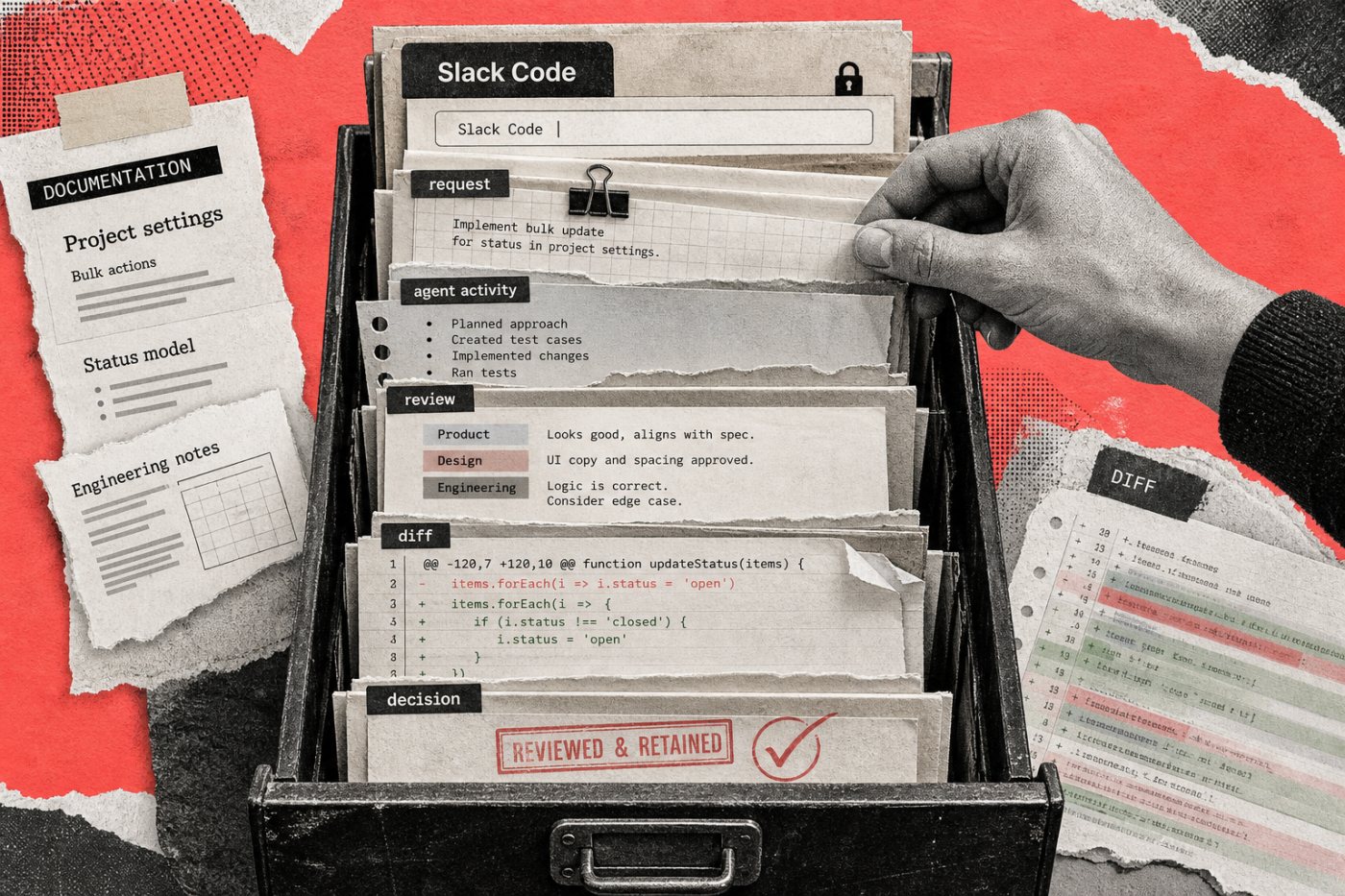 Un canal archivado de Slack Code conserva la solicitud, los cambios, los comentarios y la decisión del equipo.