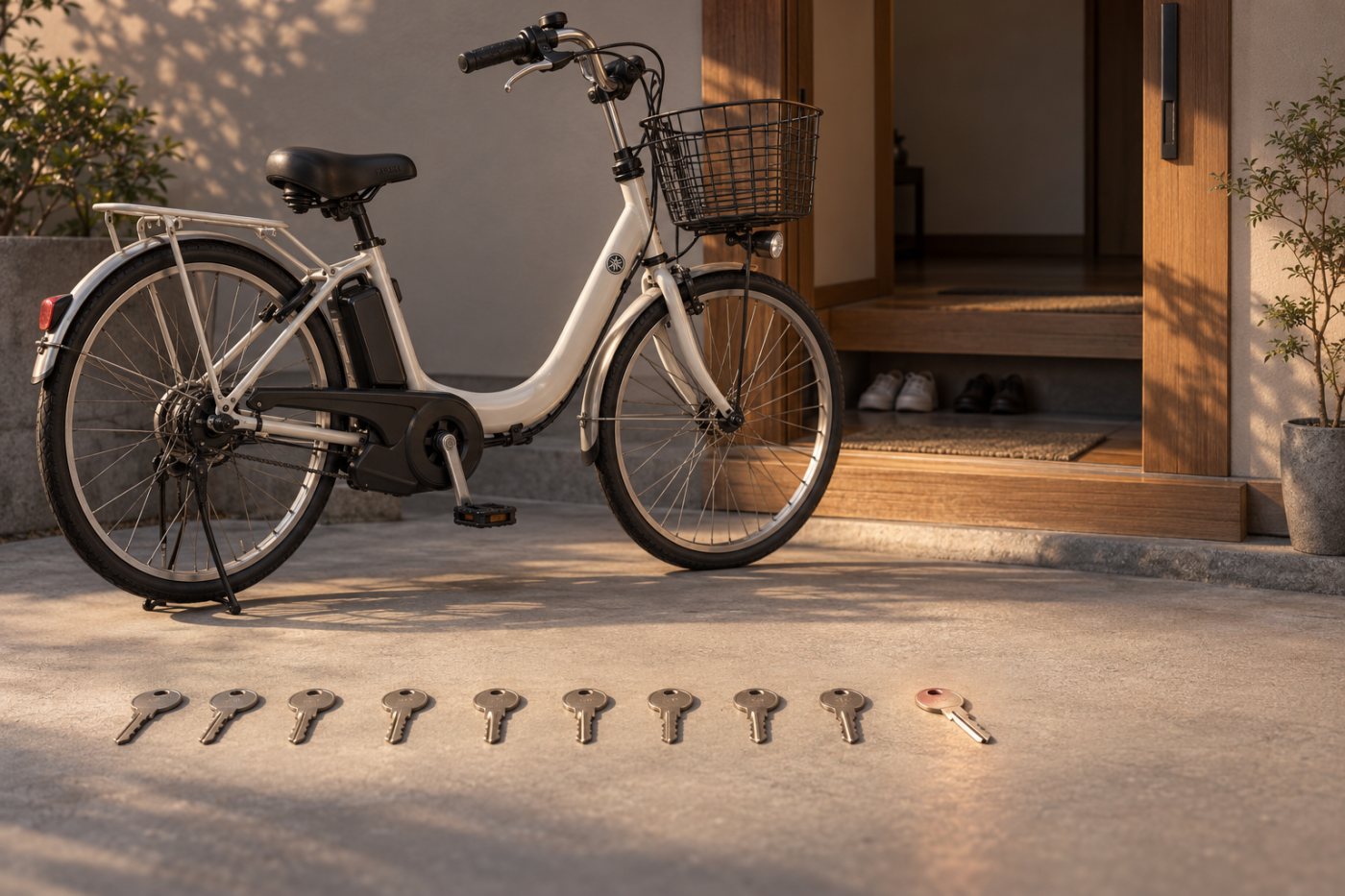 YAMAHA PAS Lifeの登録情報に住所が含まれることを、PASの電動アシスト自転車と住まいの入口で示す