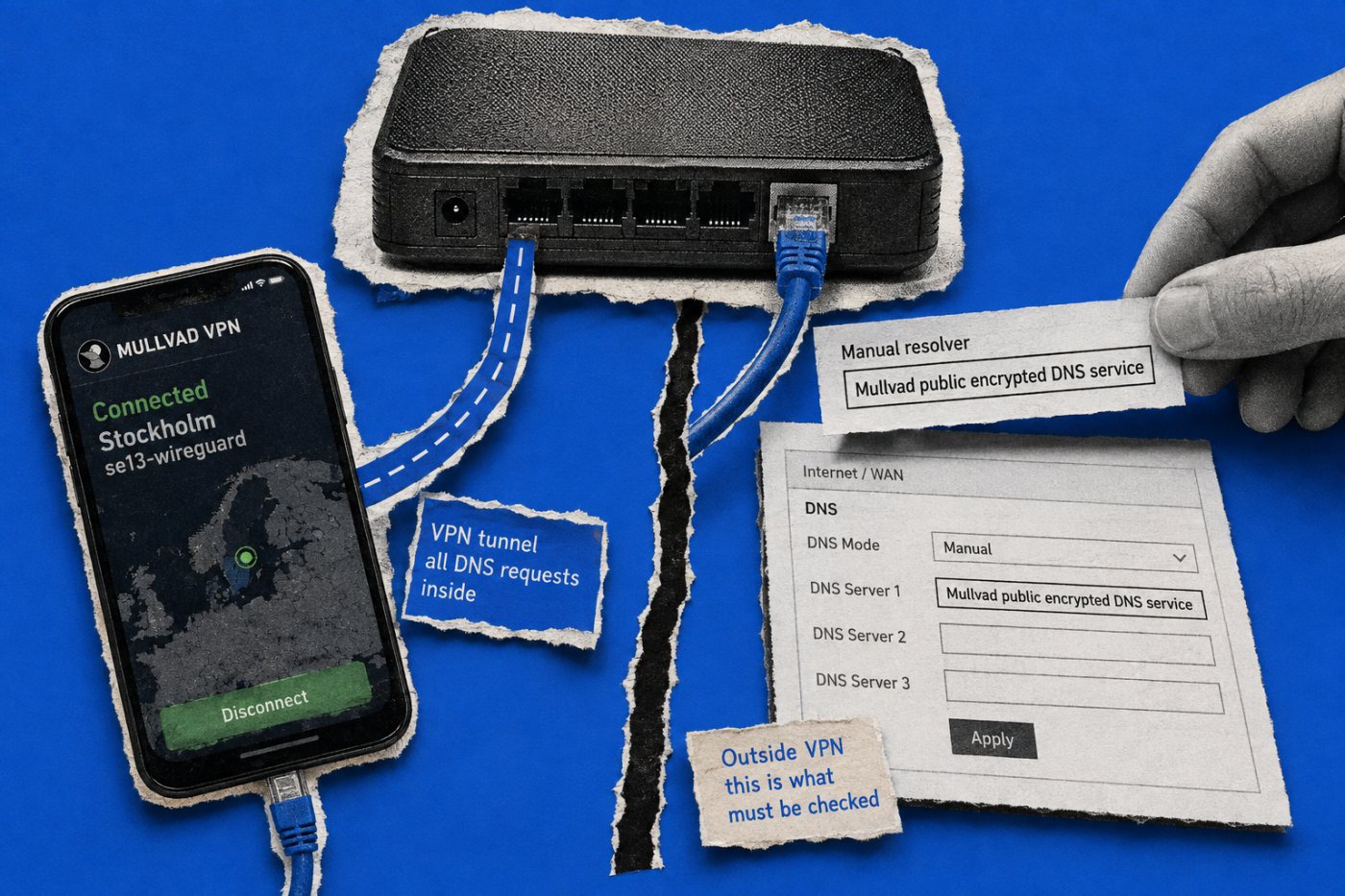 Perbedaan DNS internal Mullvad VPN yang tetap berfungsi dan konfigurasi DNS publik yang perlu dimigrasikan.