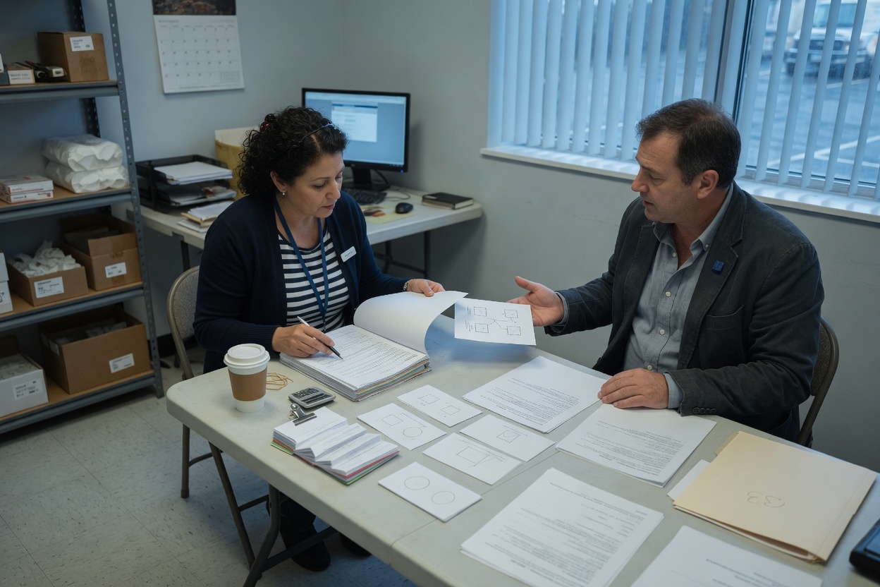 Merchant and consultant interacting over business paperwork
