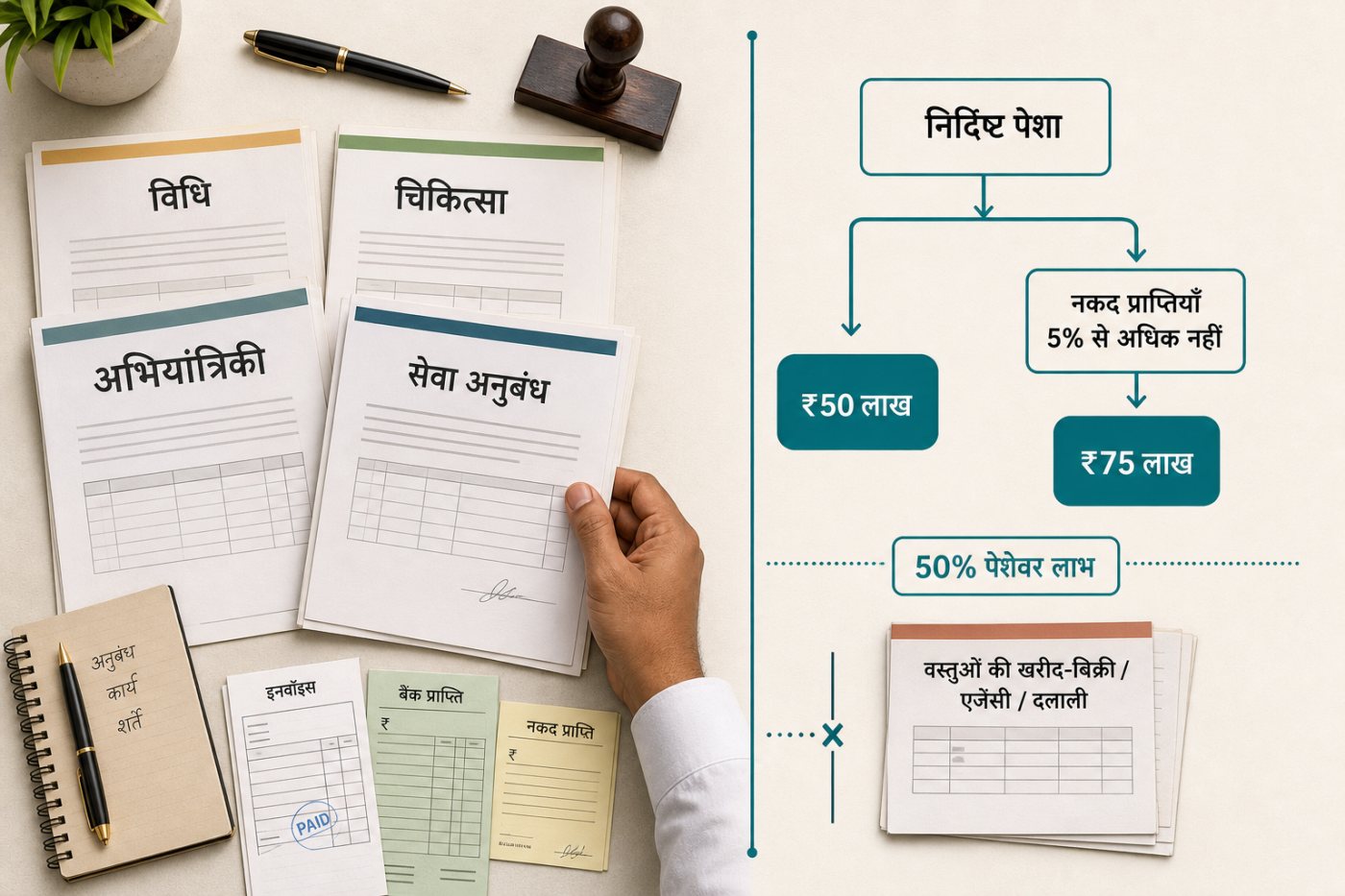 पेशेवर आय, सकल प्राप्तियों और 5% नकद कसौटी से 44ADA पात्रता की जाँच