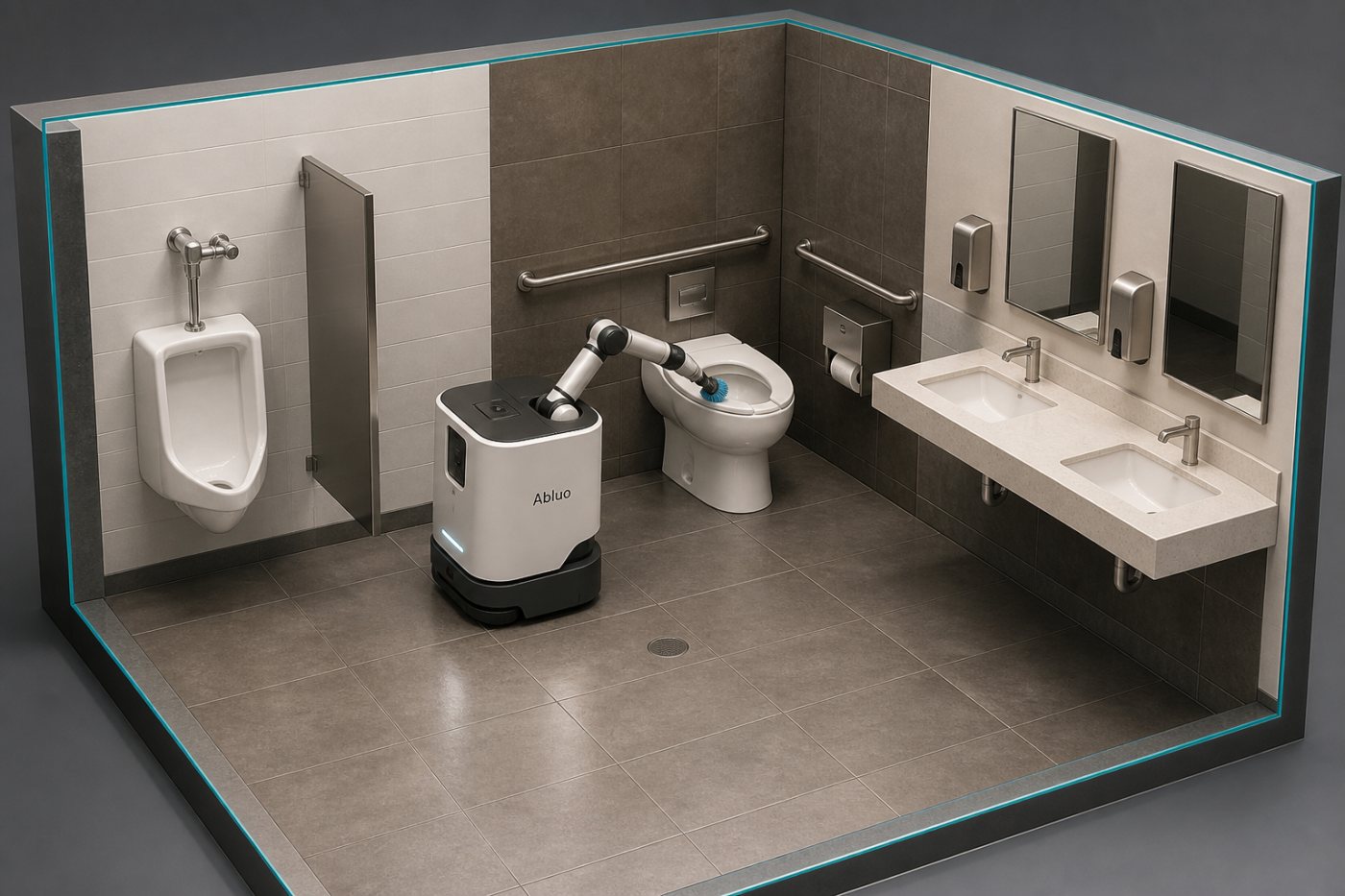 Abluo cleaning restroom fixtures and floors with its articulated arm