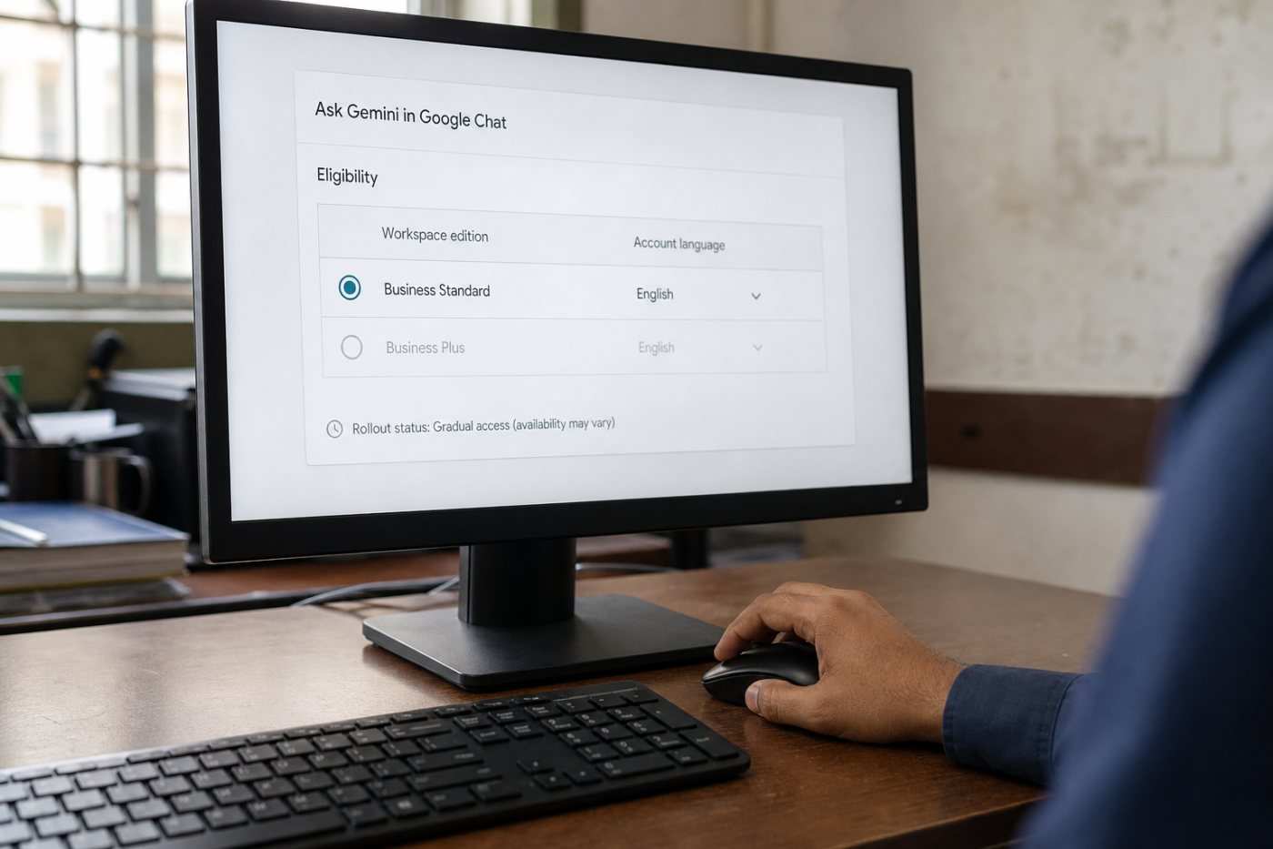 Ask Gemini in Google Chat کے ابتدائی rollout میں اہل منصوبوں اور انگریزی اکاؤنٹ زبان کے مطابق مختلف رسائی