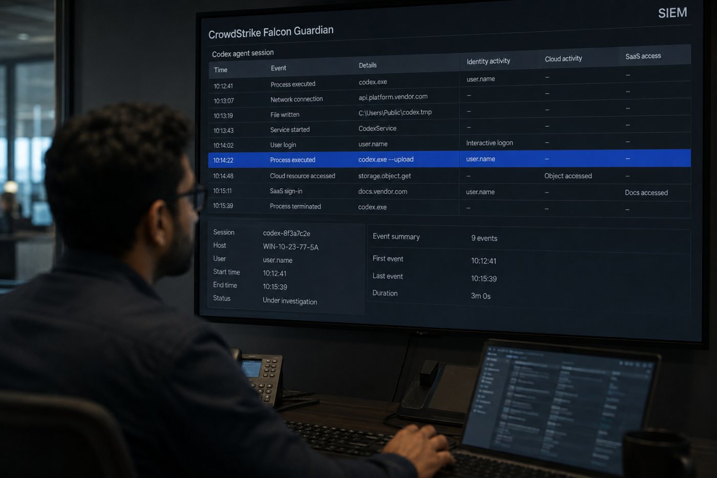 Falcon Guardian telemetry identity, cloud ও SaaS activity-র সঙ্গে correlate হয়ে cross-domain incident তৈরি করছে
