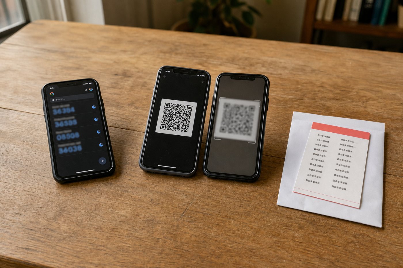 Google Account synchronization, manual Authenticator transfer, and per-service recovery codes shown as three separate access paths.