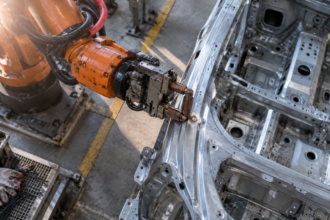 Roboterarm und Fahrzeugkarosserie stehen für die geplanten Anwendungen industrieller Physical AI.