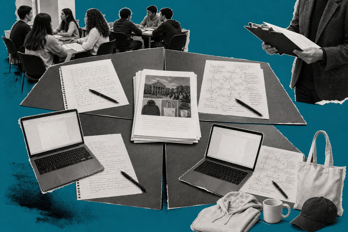 Four randomized classroom conditions complete the same timed university merchandise-marketing assignment.