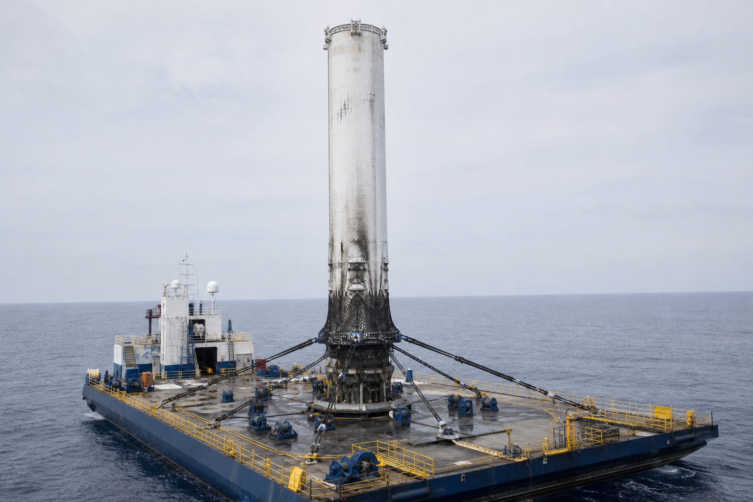 Возвращённая первая ступень Long March 10B закреплена на морской платформе