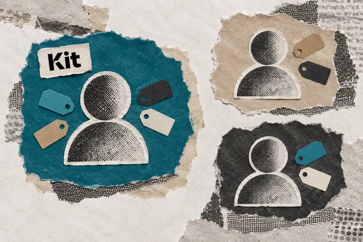 A Kit subscriber counted once with tags compared with a Mailchimp contact counted across separate audiences.