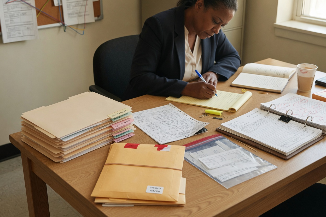 Investigator documenting details from fraud case files