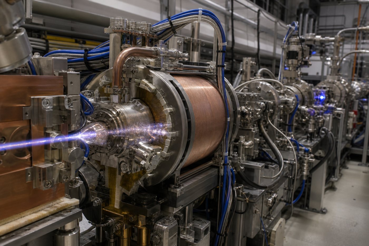 La chaîne P³ produit des positrons sur une cible en tungstène, les capture puis les transporte vers les diagnostics.