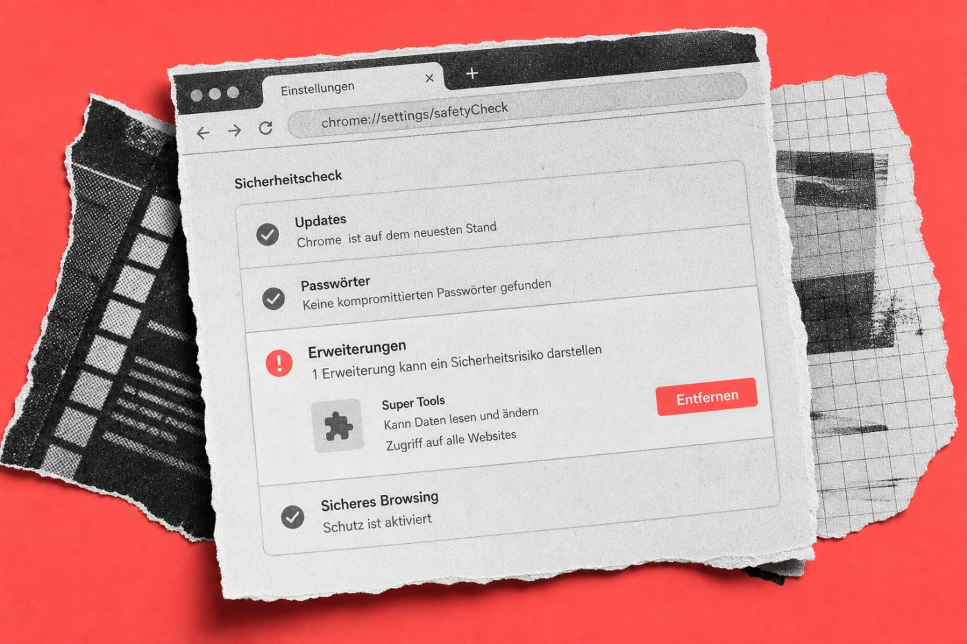 Der Chrome-Sicherheitscheck meldet eine potenziell riskante Erweiterung und bietet deren Entfernung an.