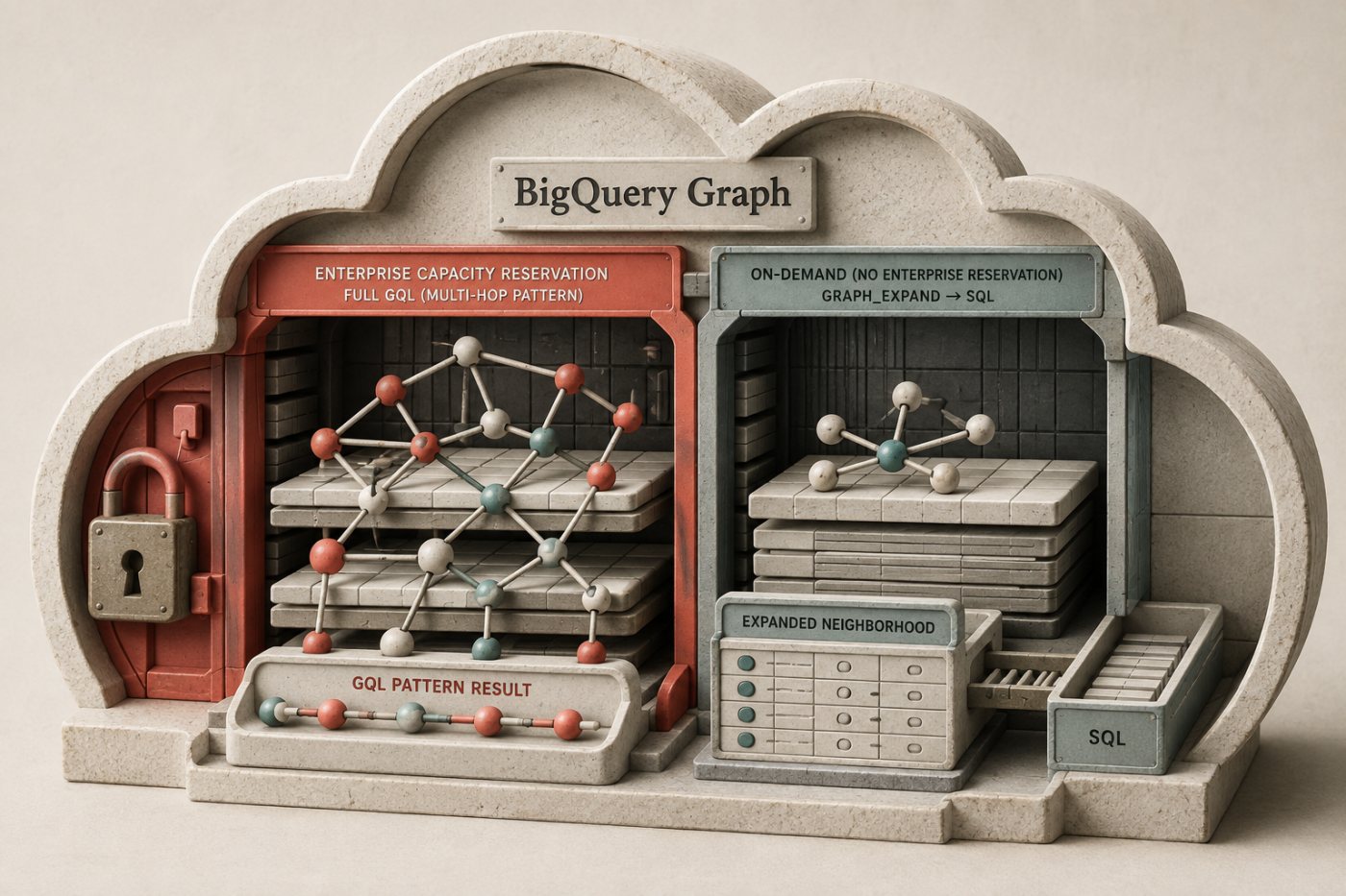 مقارنة تشغيل GQL عبر حجز Enterprise مع استخدام GRAPH_EXPAND وSQL ضمن التسعير عند الطلب في BigQuery Graph