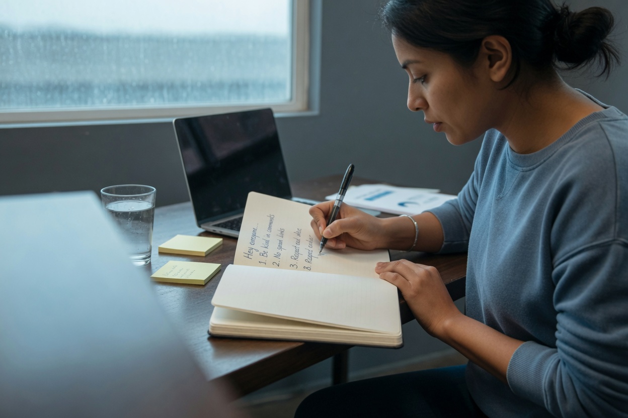 Creator actively writing custom channel guidelines on paper