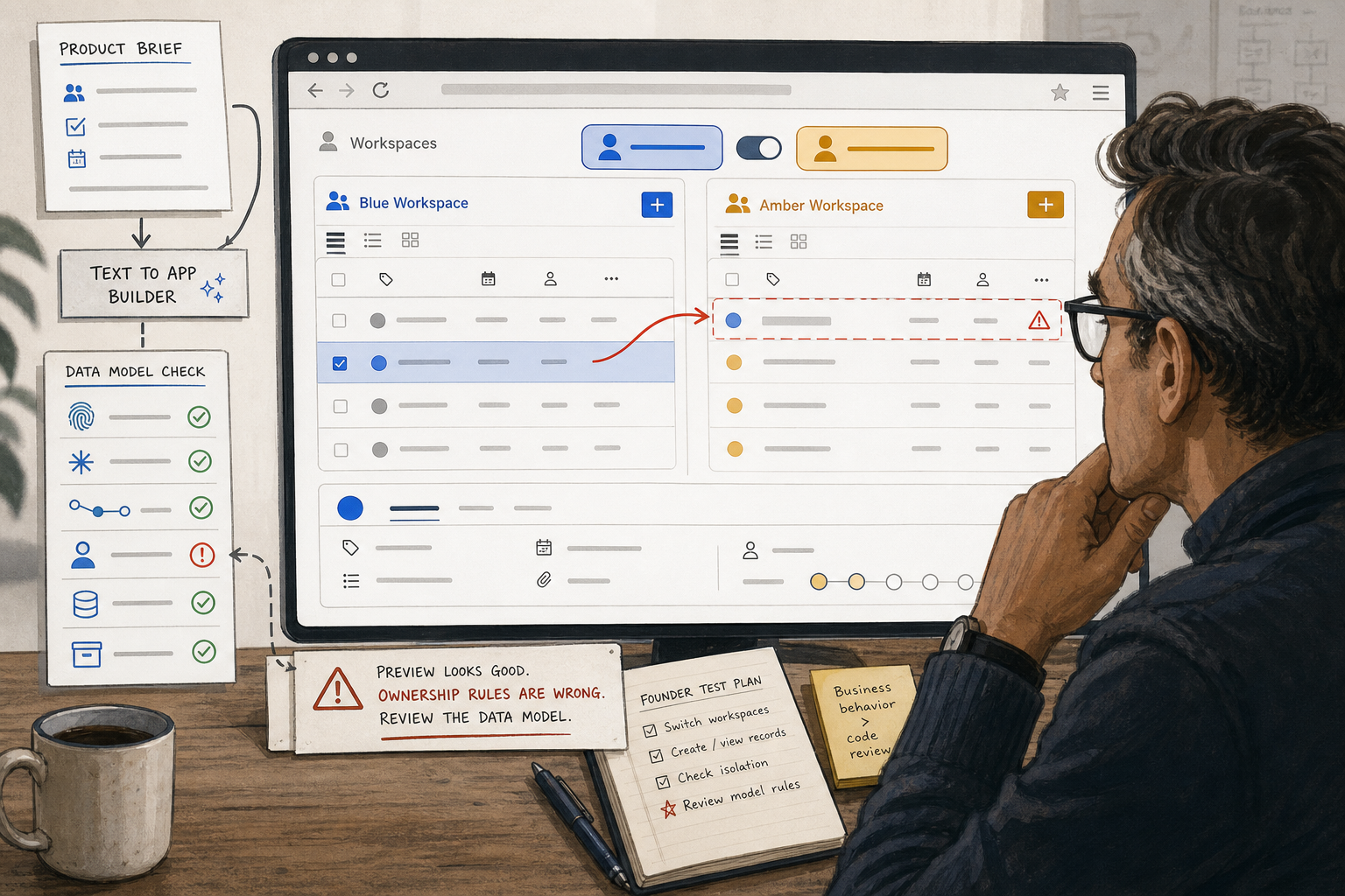Founder reviewing record ownership, statuses, and access rules in an AI-built app