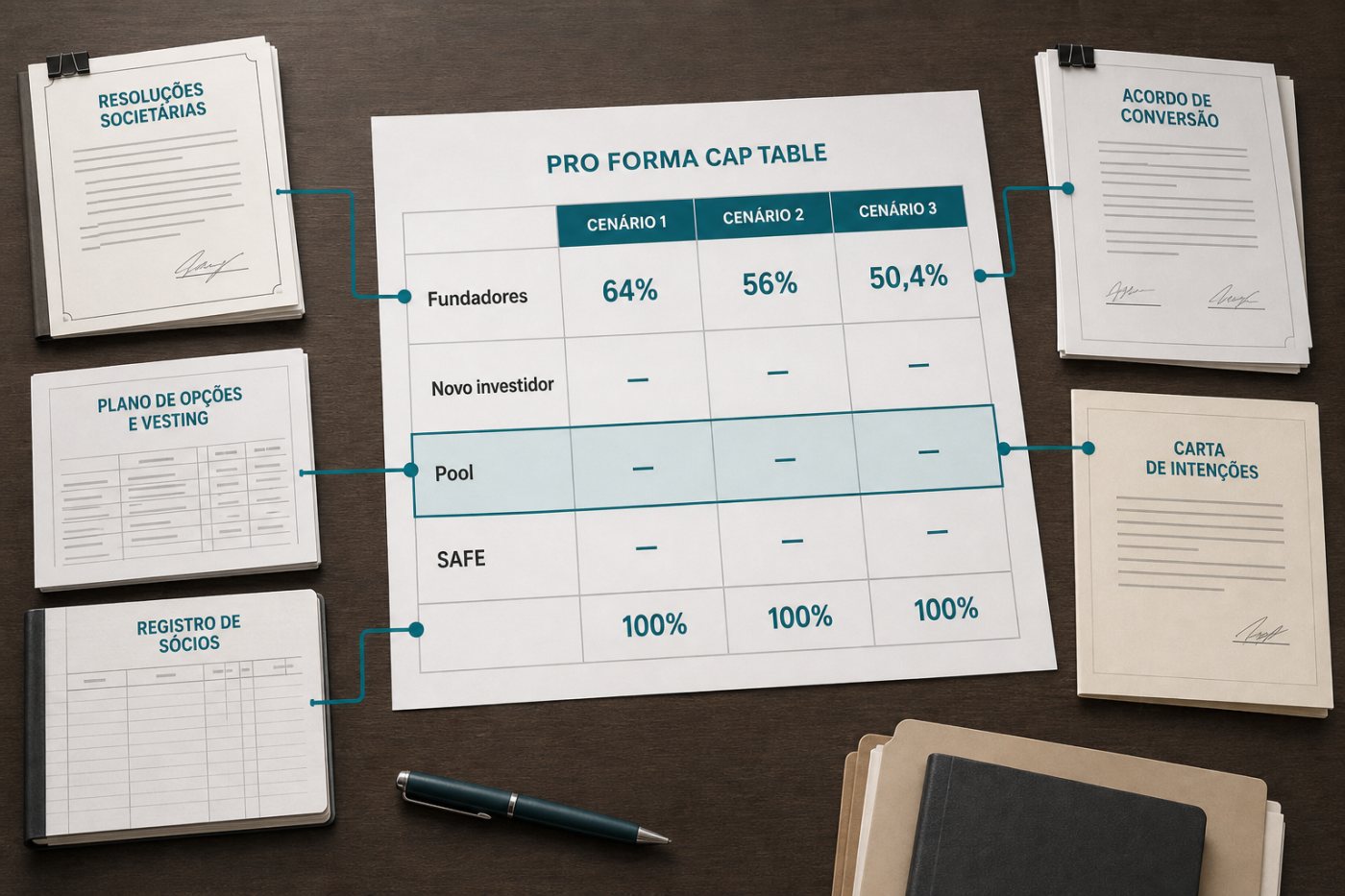 Reconciliação entre contratos, atas, opções e conversíveis e as respectivas entradas do cap table pro forma.