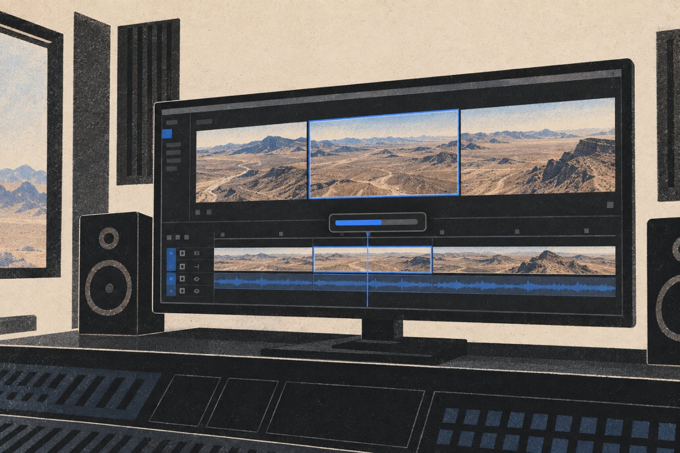 Adobe Premiere fills a selected timeline gap with an editable aerial desert shot based on neighboring footage.
