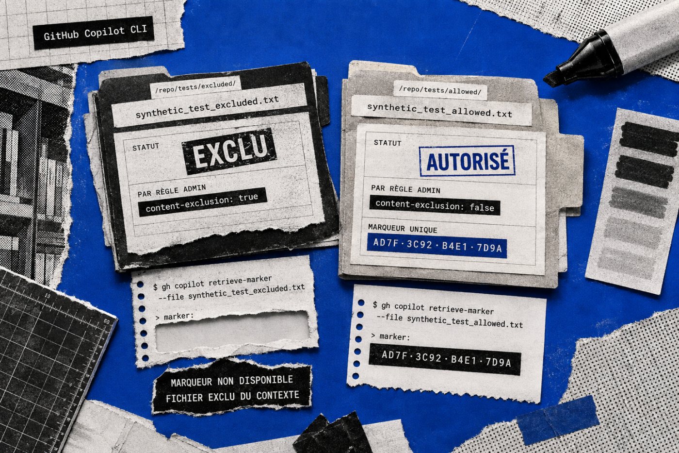 Un test de non-régression confirme que Copilot CLI bloque le marqueur exclu mais retrouve le marqueur témoin autorisé.
