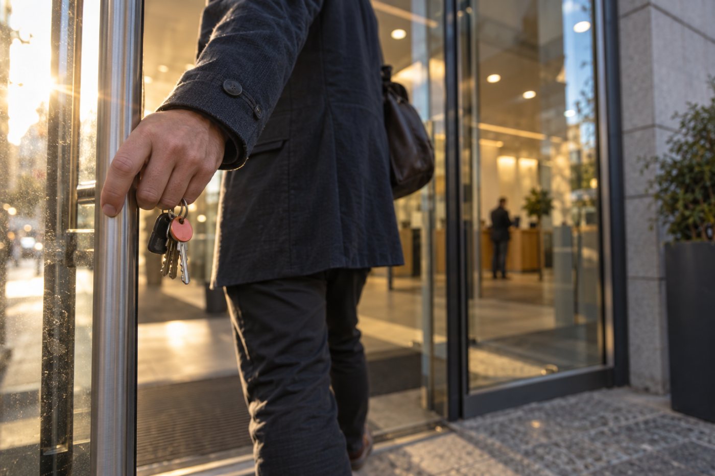 En grundare vid en bankfilial med en personlig nyckelknippa som påminner om risken med borgen för företagslånet.