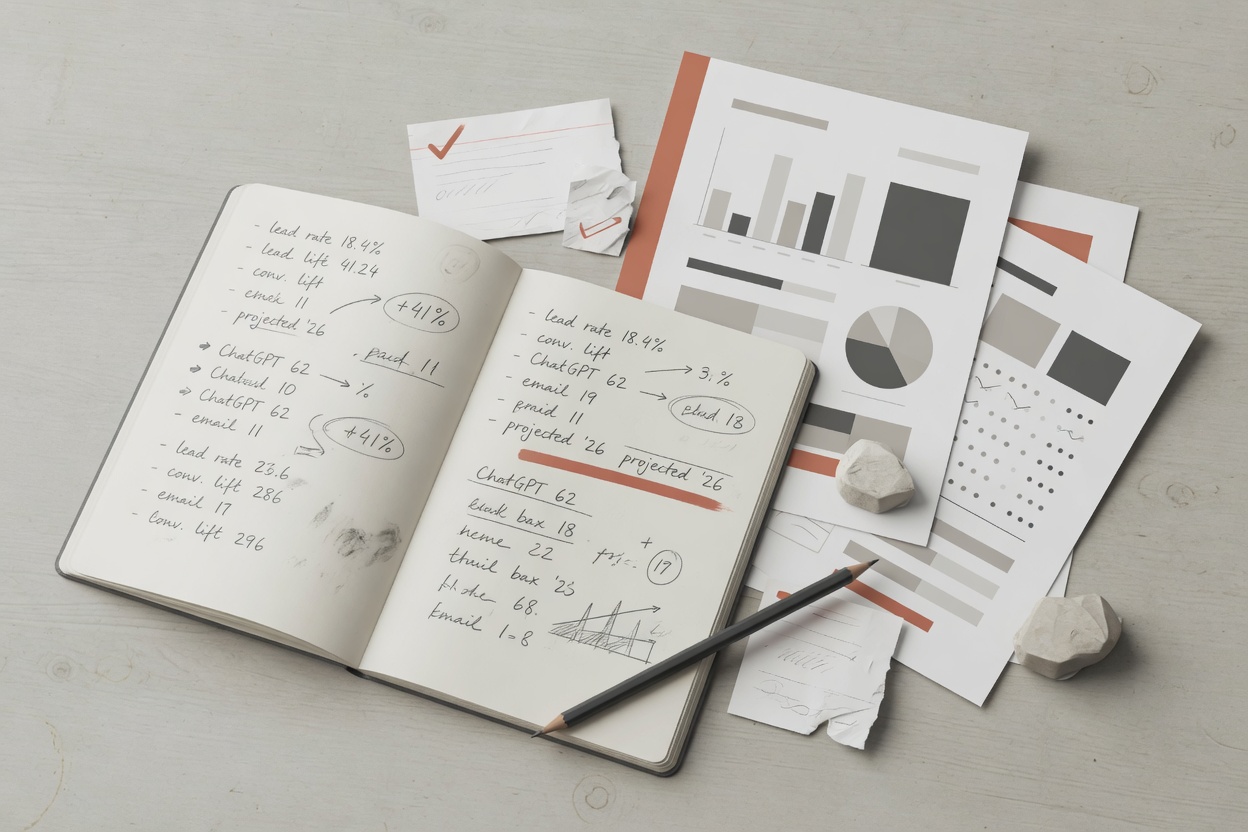 Notebook showing lead rate calculations from different marketing channels