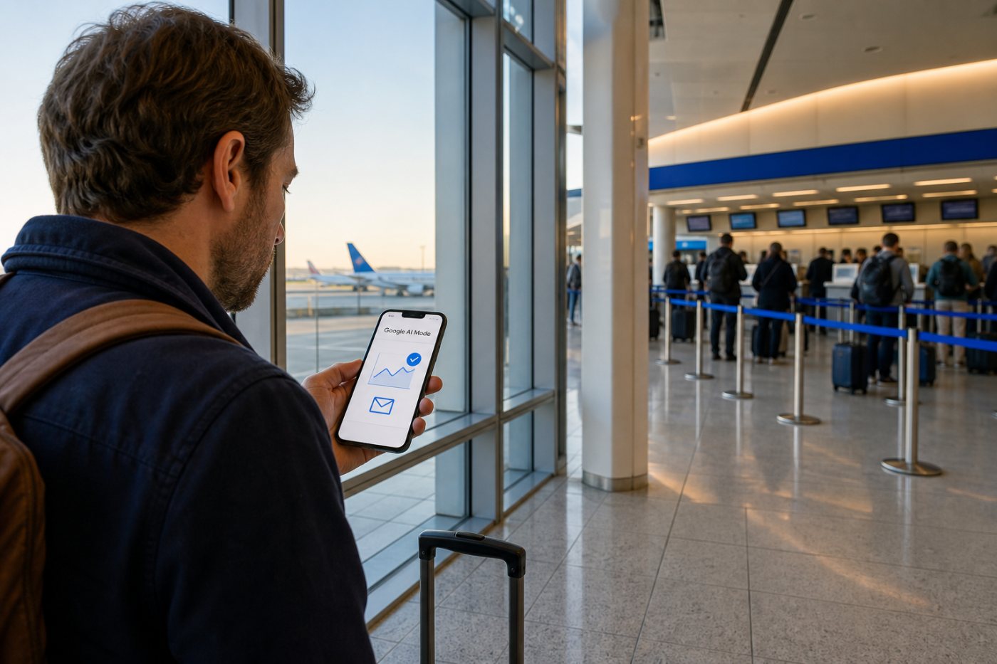 Google AI Mode richtet für eine konkrete Flugstrecke einen Preisalarm ein, während der Ticketkauf beim Anbieter bleibt.