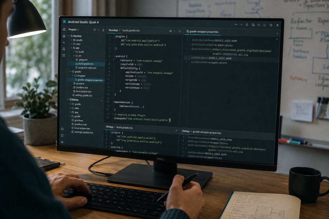Die Upgrade-Prüfung ordnet AGP 9.4 Gradle 9.6.0 zu, während AGP 9.3 im Quail-4-Fenster bleibt.