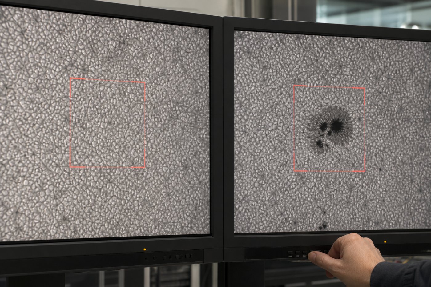 The same HMI solar patch before and after a predicted active region becomes visible.