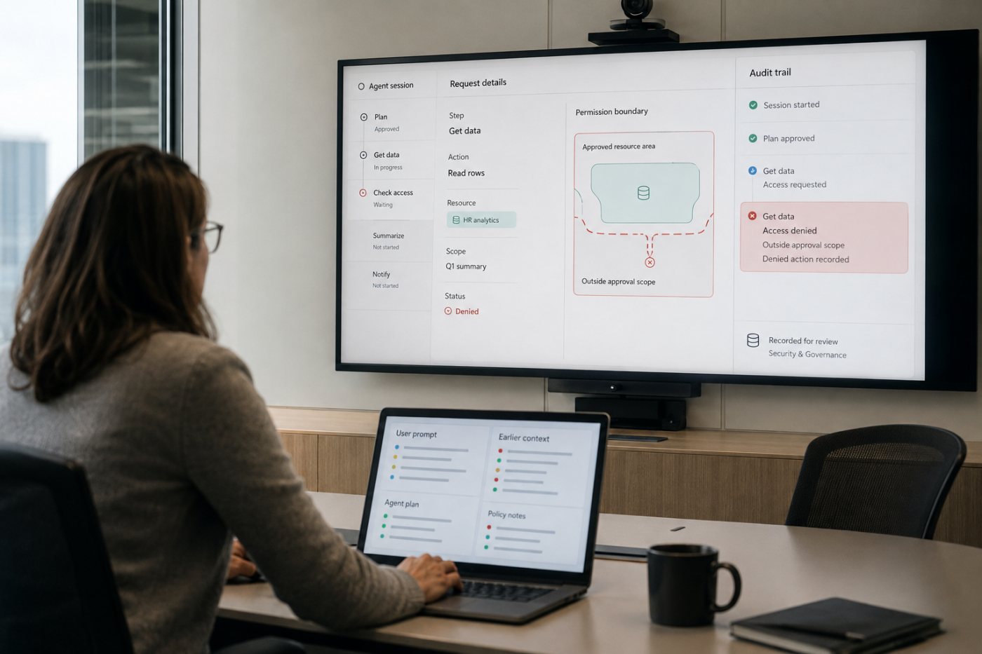 A scoped authorization control blocks an enterprise agent from exceeding its approved data access and records the attempt.