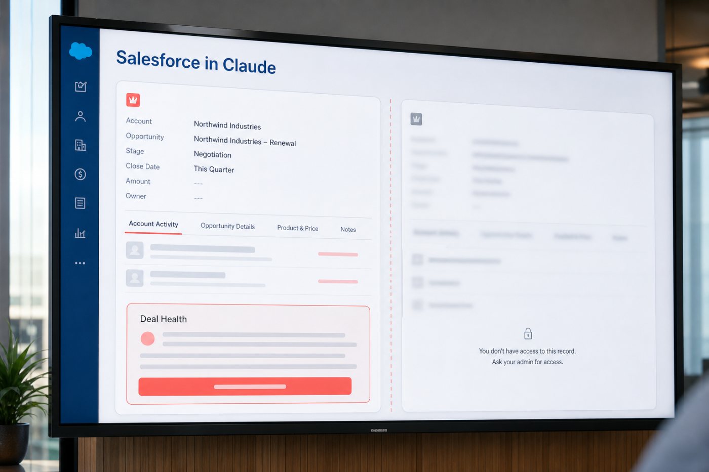 Salesforce permissions allow one deal-health review while keeping a restricted CRM record inaccessible.