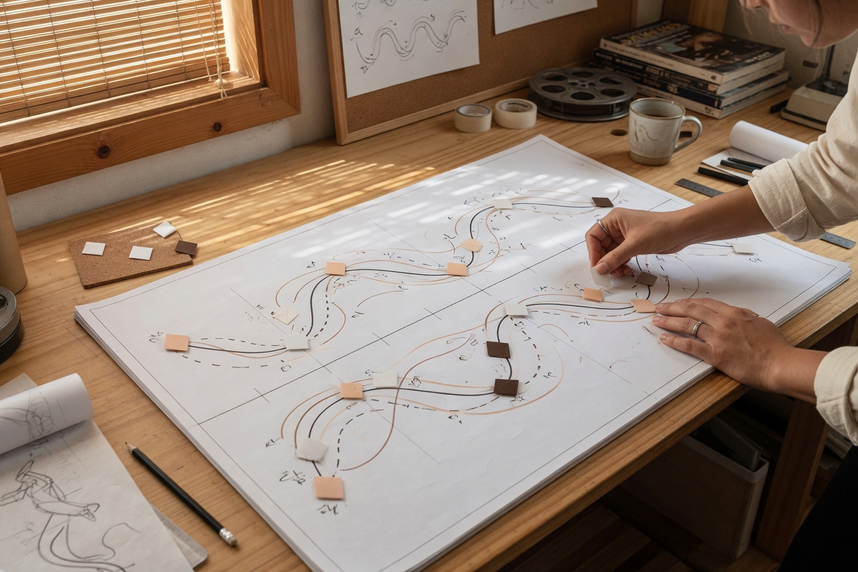 Physical timeline diagram with keyframe markers for animation editing