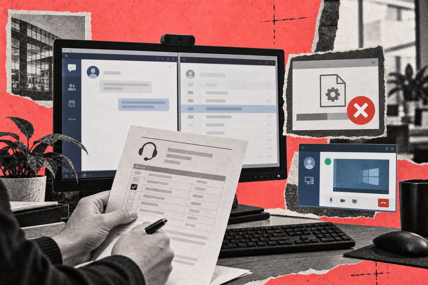 Ein Helpdesk prüft einen unerwarteten Teams-Kontakt über den internen Prozess, während Endpunktregeln unzulässige Fernwartung und Installation stoppen.