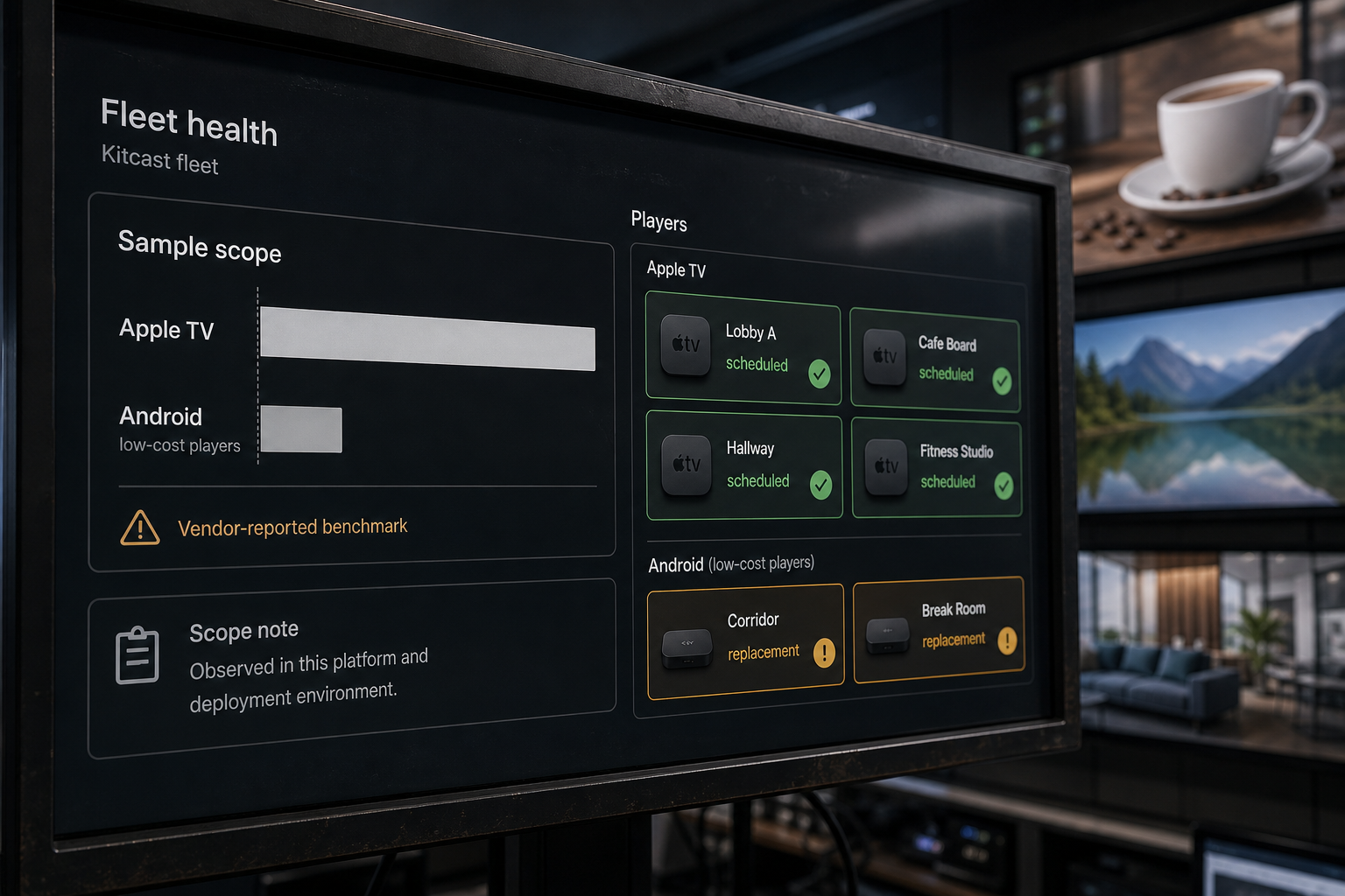 A fleet dashboard shows the larger Apple TV sample and the low-cost Android scope behind the reliability benchmark