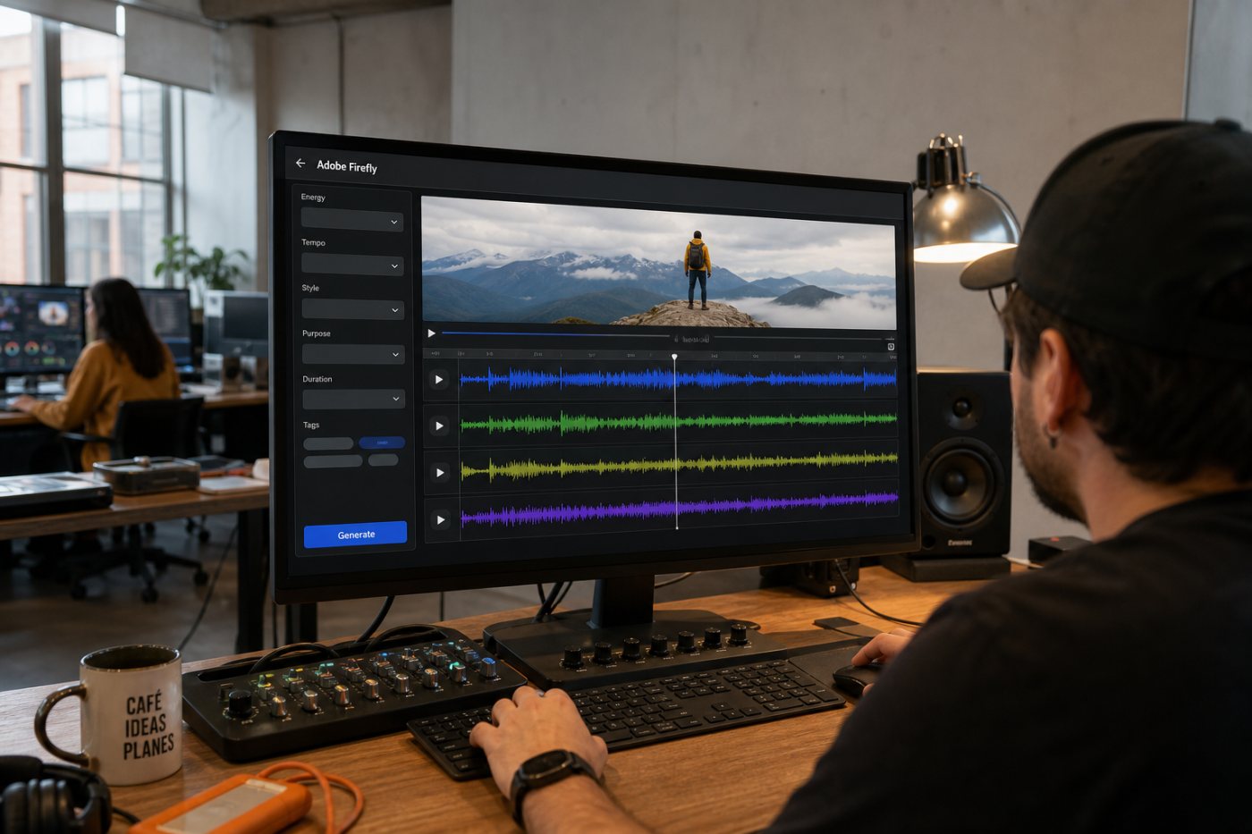 Generate Music crea varias pistas instrumentales ajustadas a la duración y el ambiente de un vídeo.