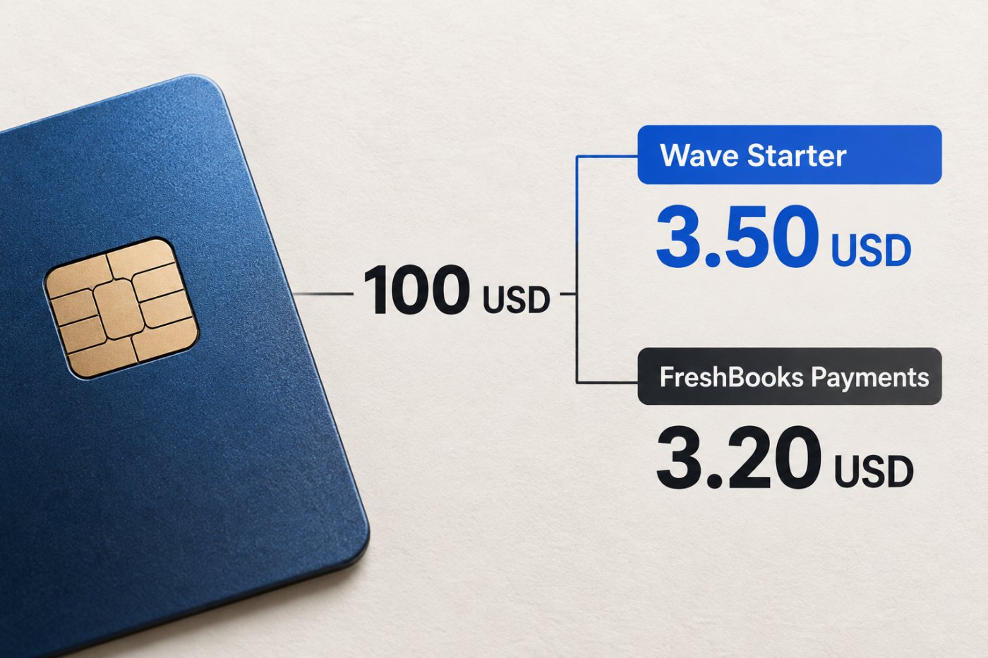 Un cobro hipotético de 100 USD con tarjeta estándar muestra una comisión de 3,50 USD en Wave Starter y 3,20 USD en FreshBooks Payments para Estados Unidos.