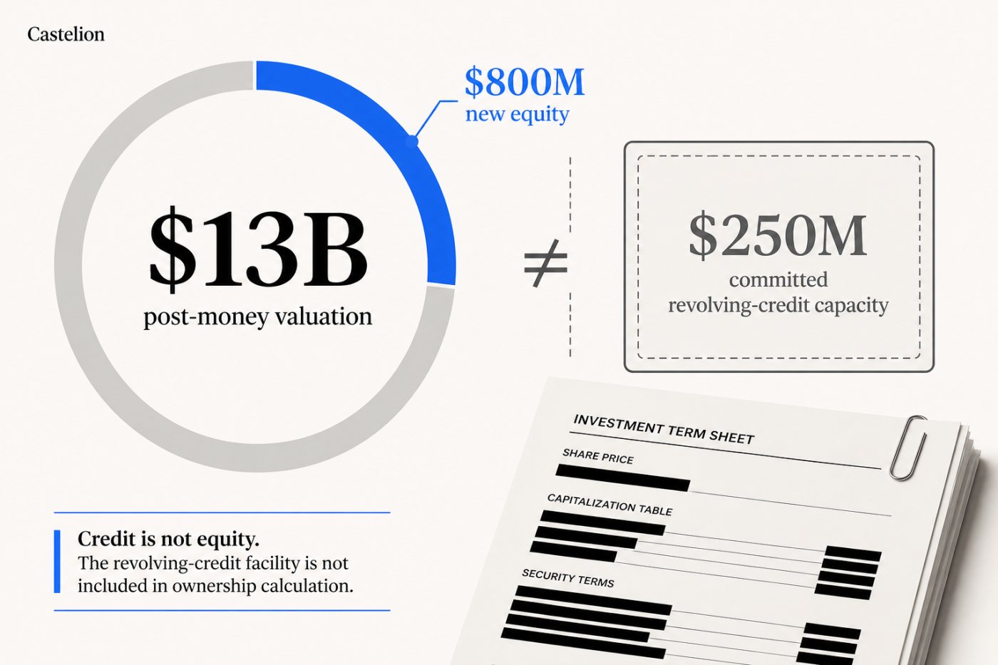 Castelion’s $13 billion post-money valuation assessed against the $800 million equity round rather than its credit facility.