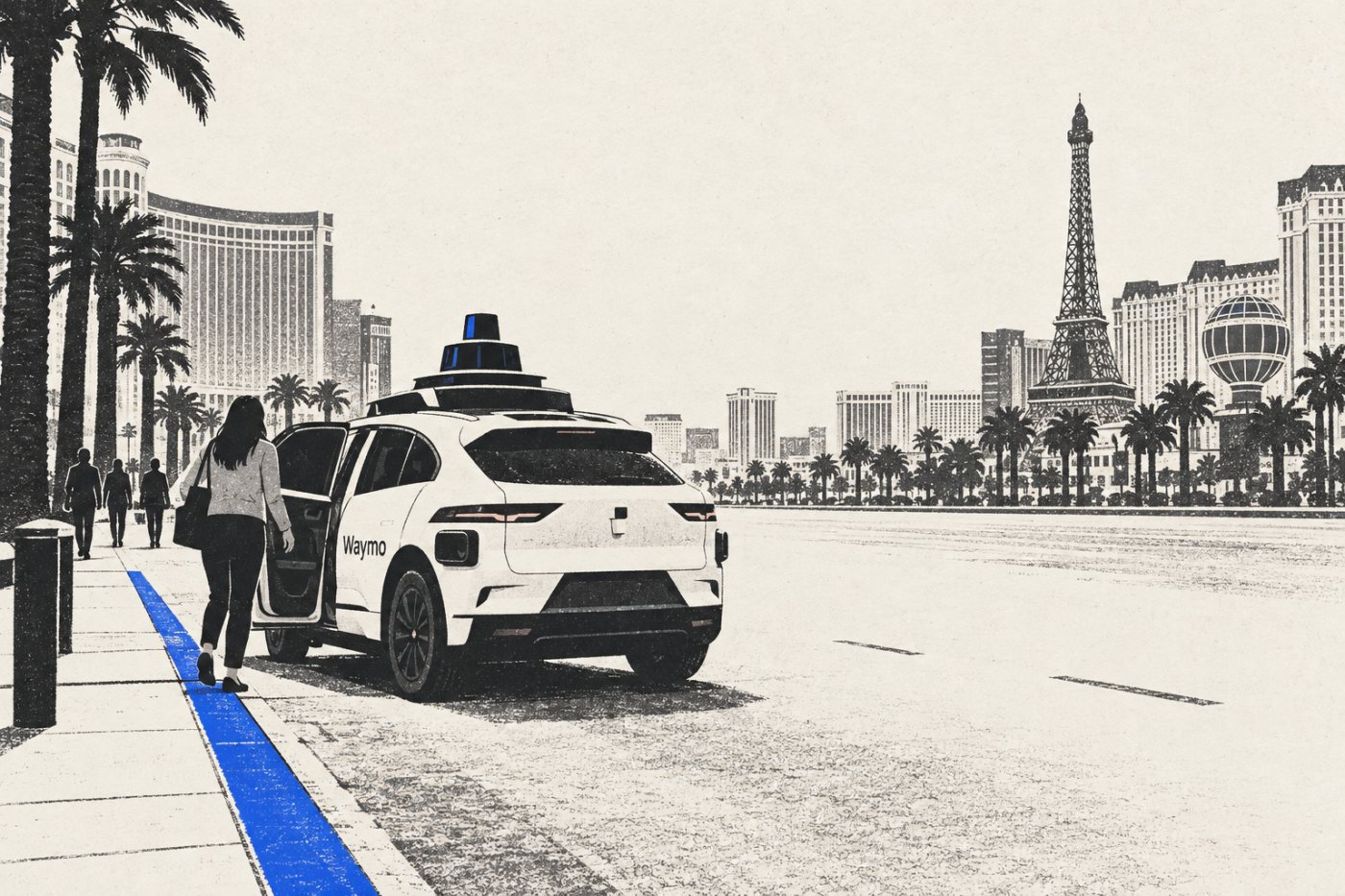 „Waymo Ojai“ automobilis Las Vegase laukia keleivio; pradėtos viešos kelionės rodo paslaugos plėtrą mieste.
