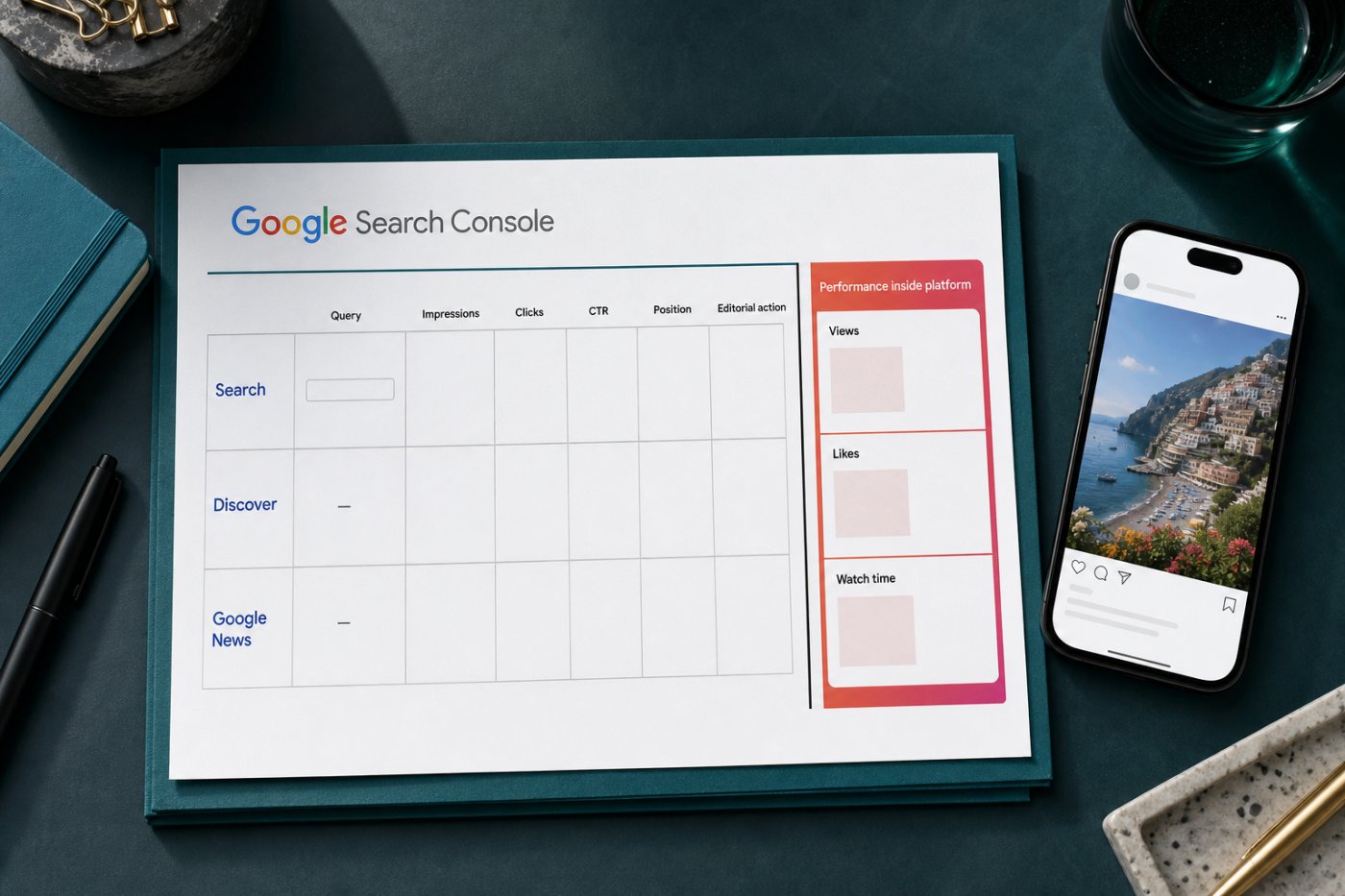 تقرير شهري يربط طلبات Google بالمنشورات مع فصل تحليلات المنصة الداخلية
