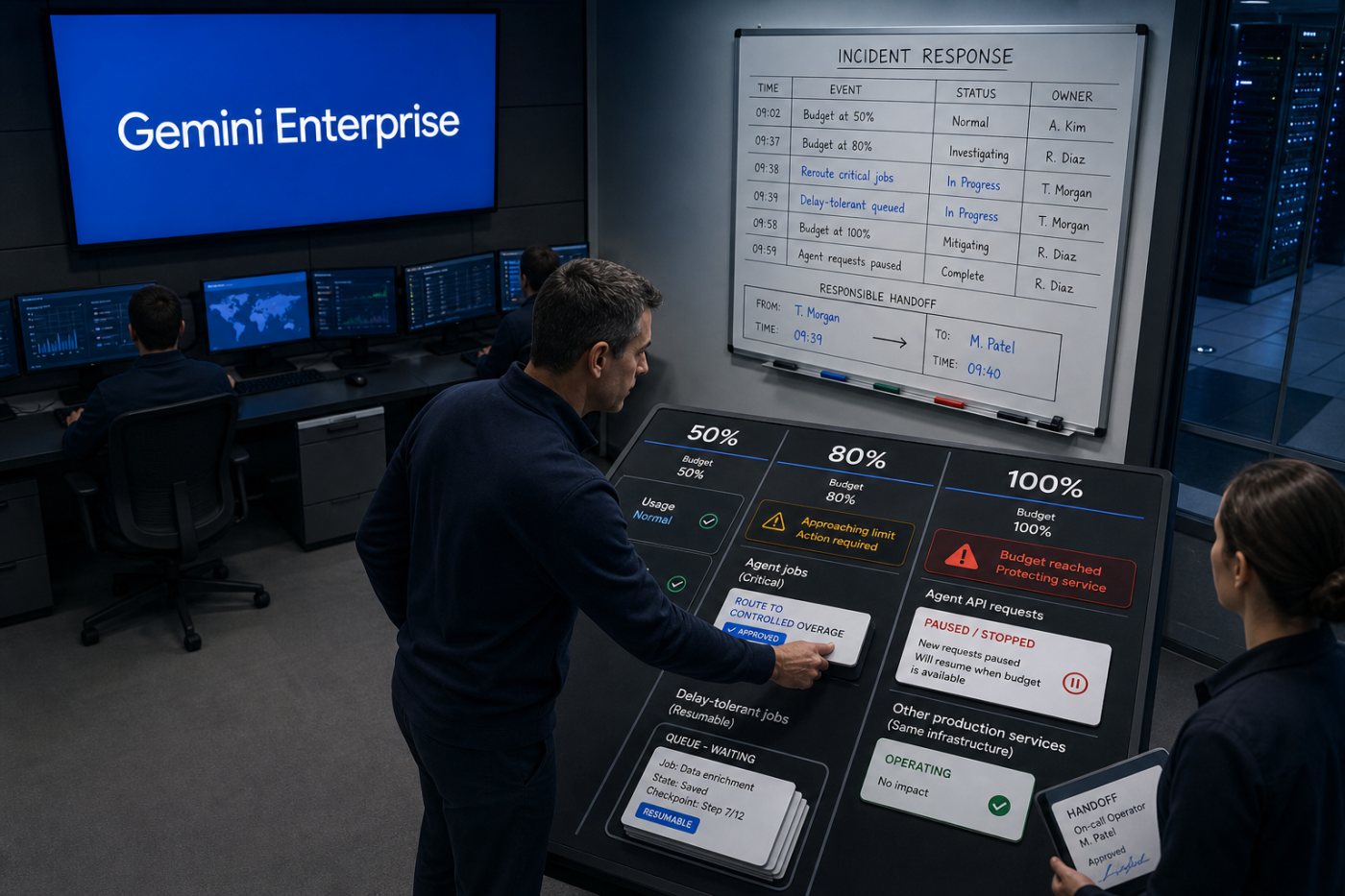 Nhóm vận hành xử lý các ngưỡng cảnh báo ngân sách Gemini Enterprise và bảo vệ tác vụ quan trọng trước nguy cơ API tạm dừng.
