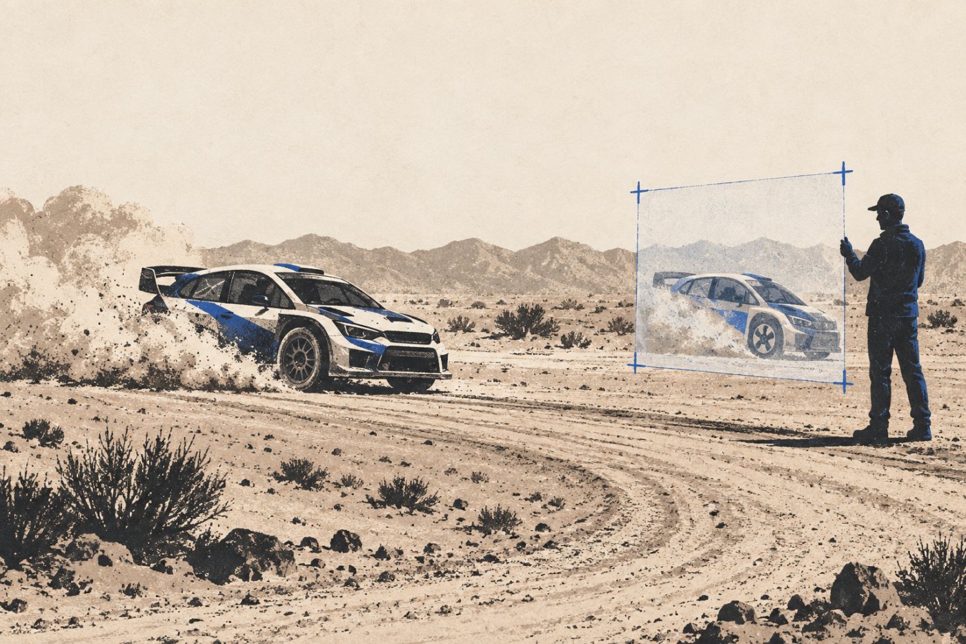 A generated rally shot is checked for vehicle continuity and motion before approval for a commercial edit.