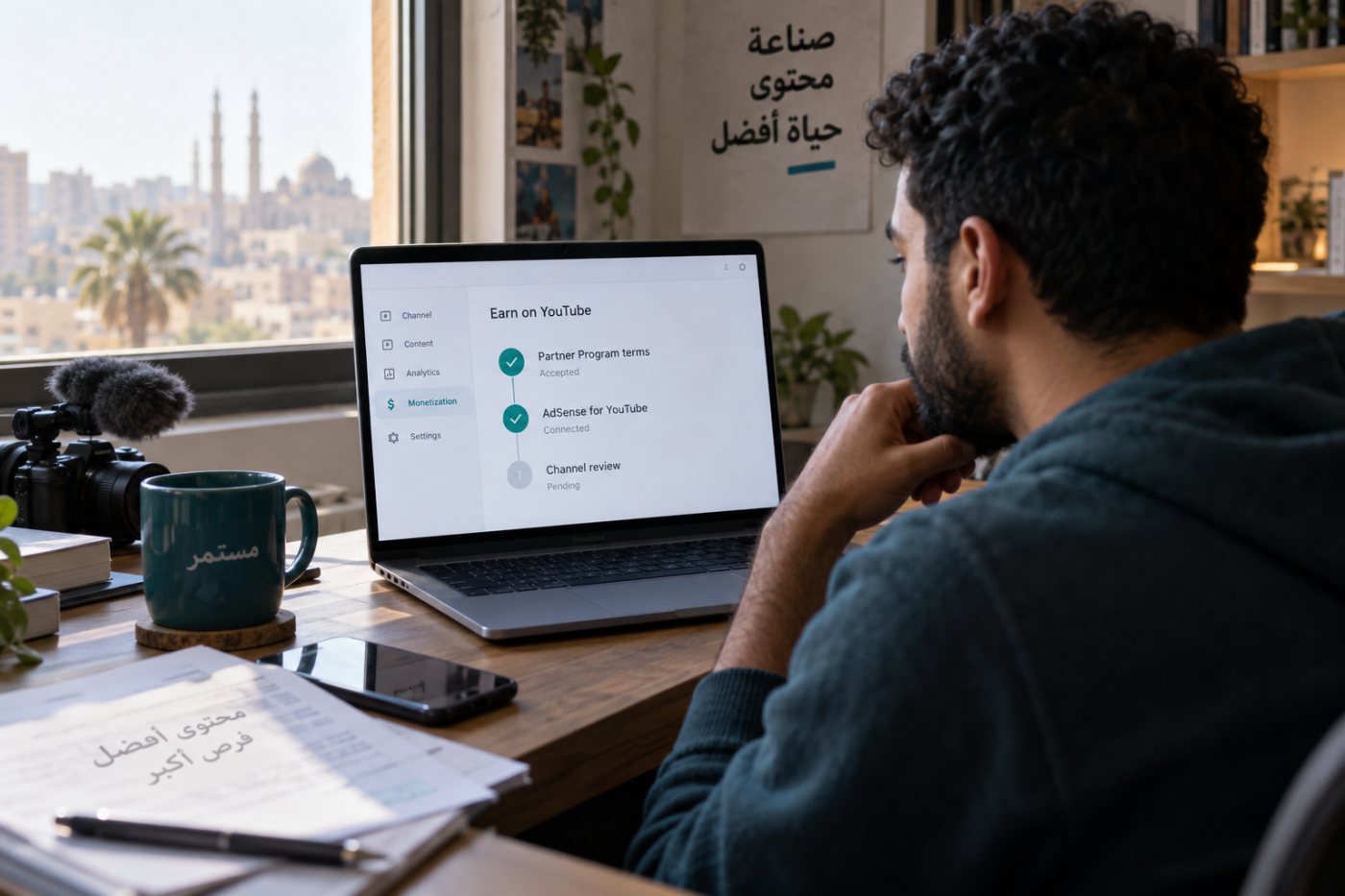 طلب برنامج شركاء YouTube ينتقل من قبول البنود وربط AdSense إلى انتظار مراجعة القناة.